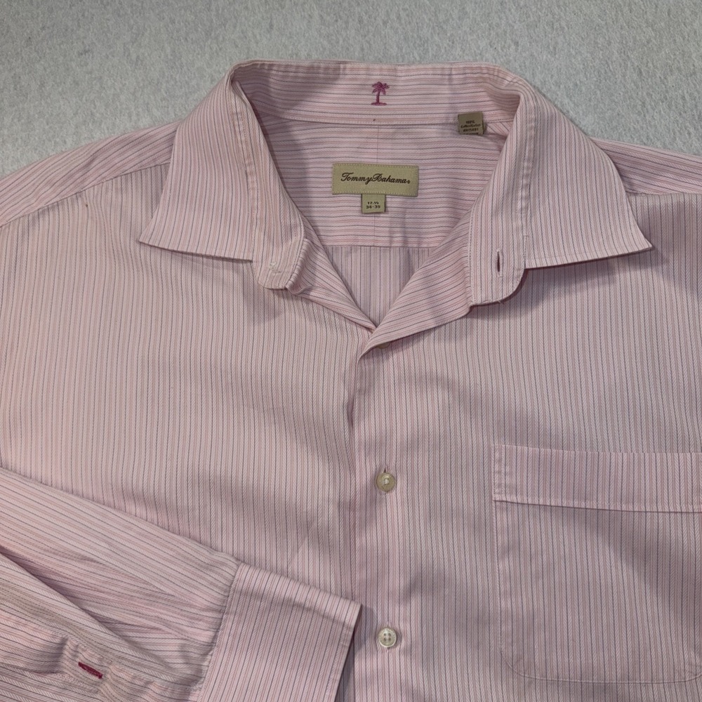 TOMMY BAHAMA Mens Long Sleeve Button Down Shirt Pink Stripe 1 Pocket 17.5/34-35
